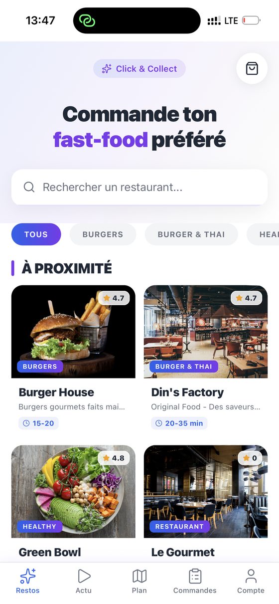 Écran d'accueil DoEat : restaurants à proximité