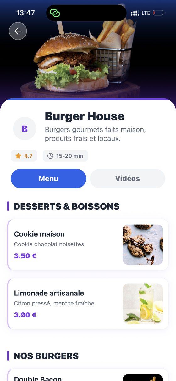 Fiche restaurant DoEat avec la carte et le panier